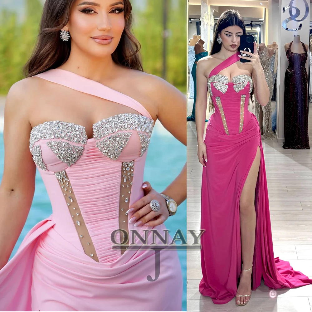 Vestidos De Noche De satén rosa personalizados, vestido Maxi con cristales De ilusión para mujer, Vestidos saudíes De Dubái, vestido a medida Plus