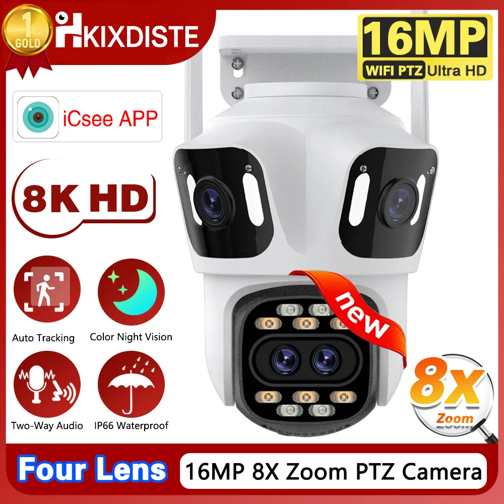 ICsee Security Camera 8K 16MP Four Lens 8X Zoom Outdoor WiFi Wireless CCTV Video Surveillance Auto Tracking Home Protection