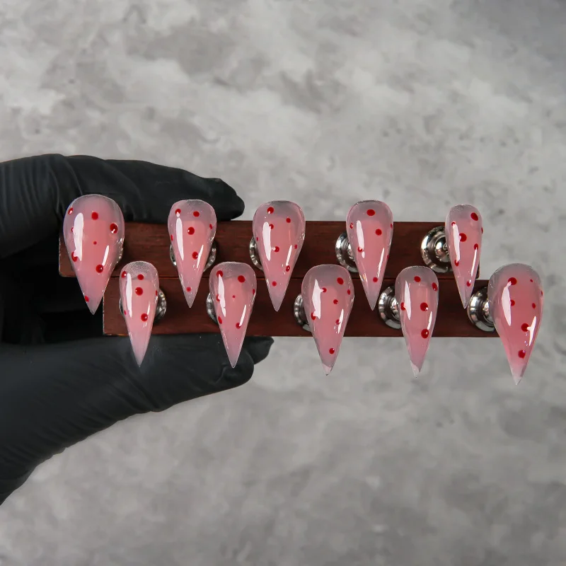 Extra Long Stiletto Jelly Pink Red Polka Dot Press On Nails Transparent Glossy Sweet Y2K Fresh Cute Reusable False Nail Tips