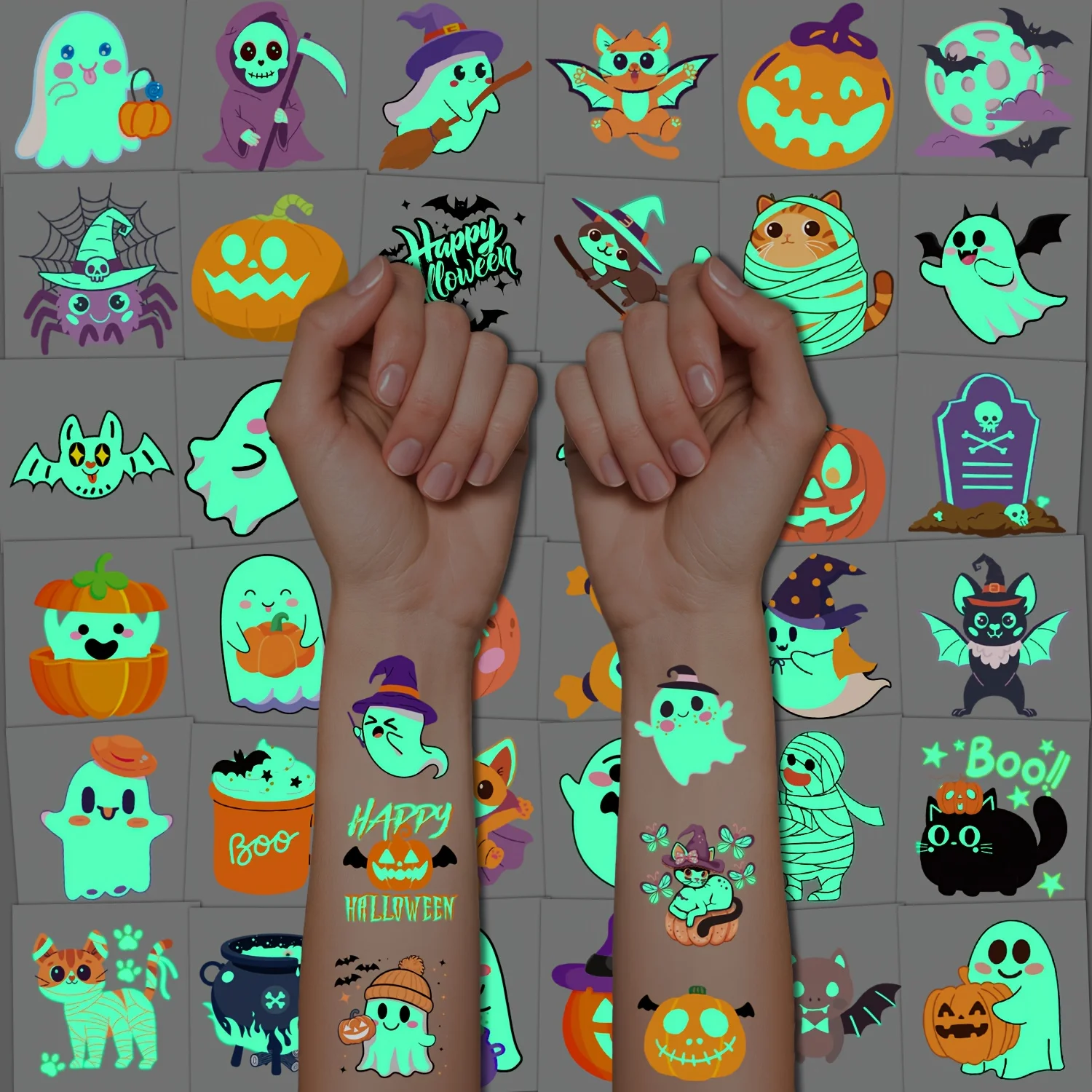 216 Stück Vorgeschnittene Halloween-Leuchttattoos, Großpackung Party-Geschenke für Dekorationen, Kostüme, Spiele und Leckereien – Detail 4