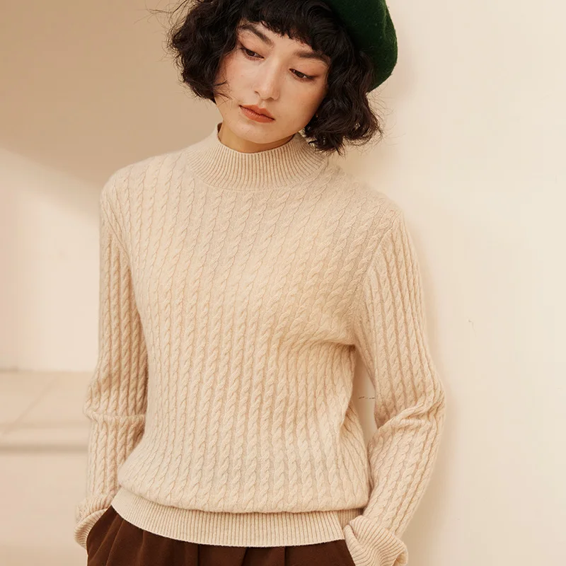 

Women's 100% Cashmere Sweater Winter High Collar Thick Pullover Casual Solid Warmth Jumper Fried Dough Twists Top loose blouse