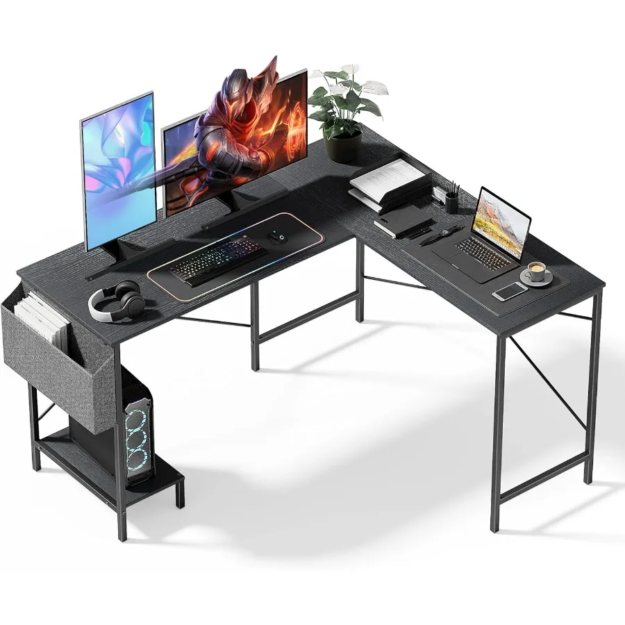 L Shaped Desk Gaming Computer 50 Inch Reversible Corner Table PC Work Table for Writing Study Student with Wood Tabletop Metal
