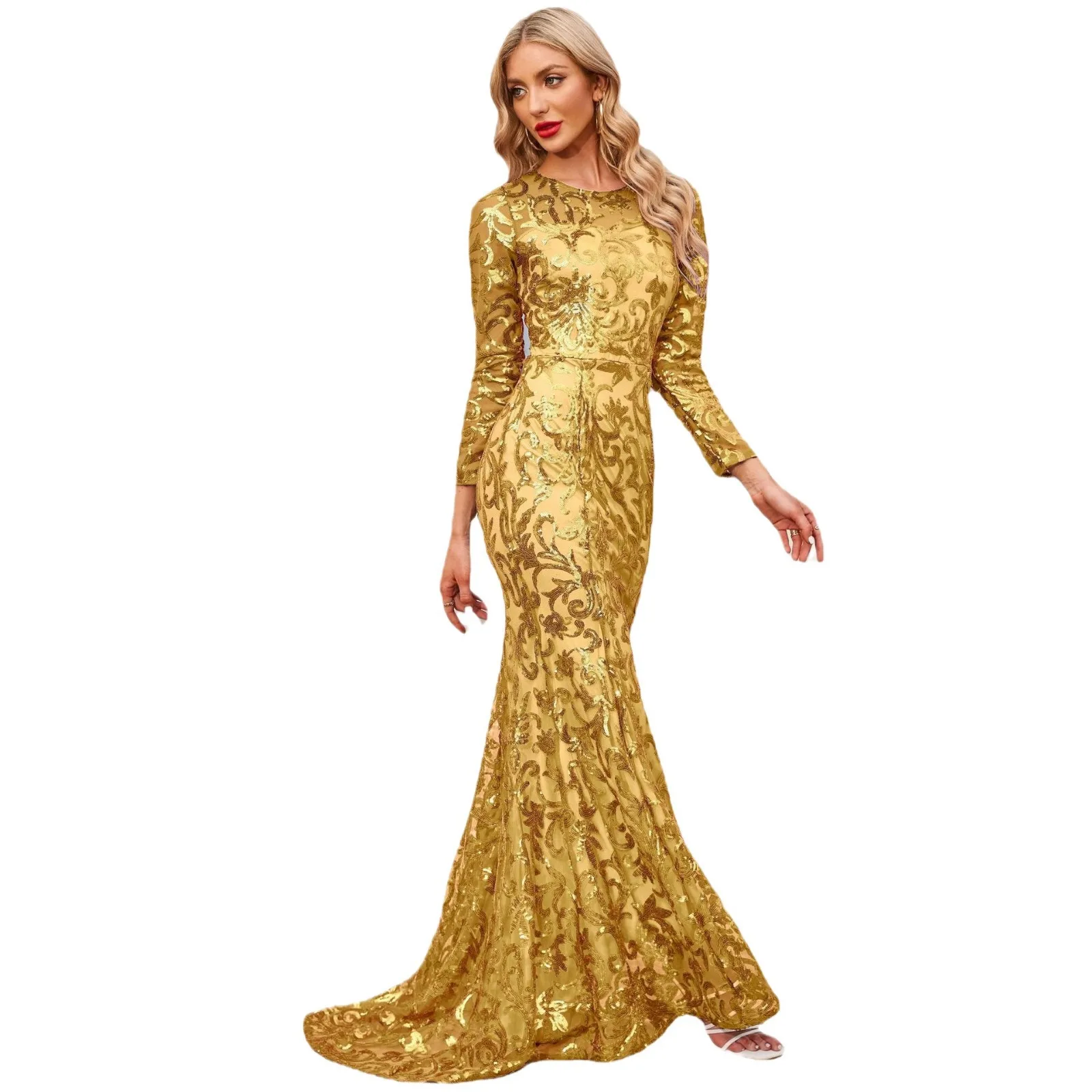 Gorgeous Round Neck Mermaid Sequined Long Formal Evening Dress With Long Sleeves