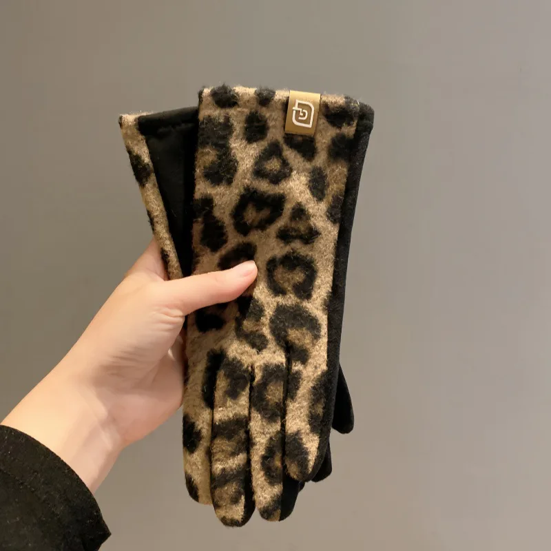 Leopard Print WinterWomen's Leather Gloves Warm Padded Cold Windproof Winter Riding Electric Car Driving Riding Gloves