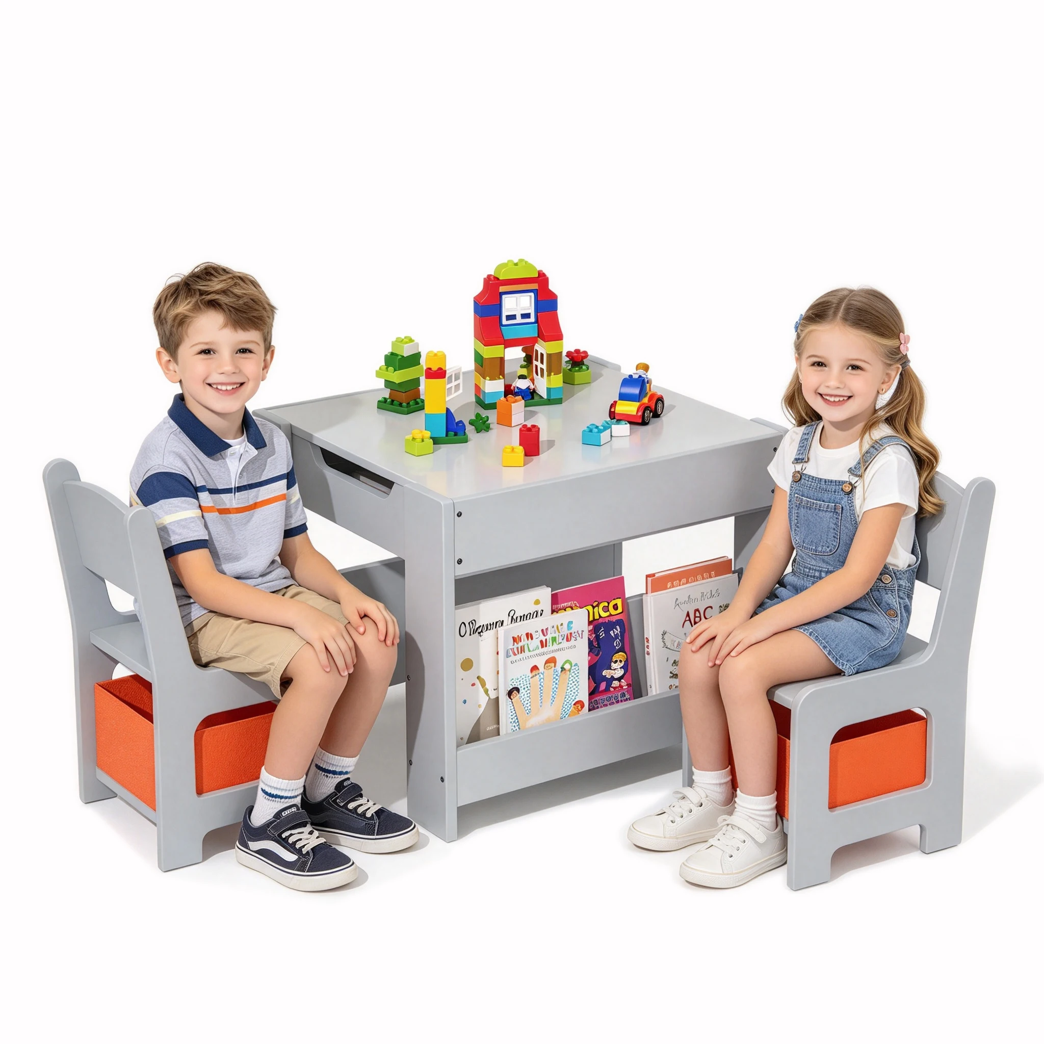 4-in-1 Kids Activity Table and Chair Set, Multi-Functional Wooden Desk with Detachable Erasable Top, Storage Drawer, Bookshelves, For Toddler Reading, Drawing, Craft, Playroom