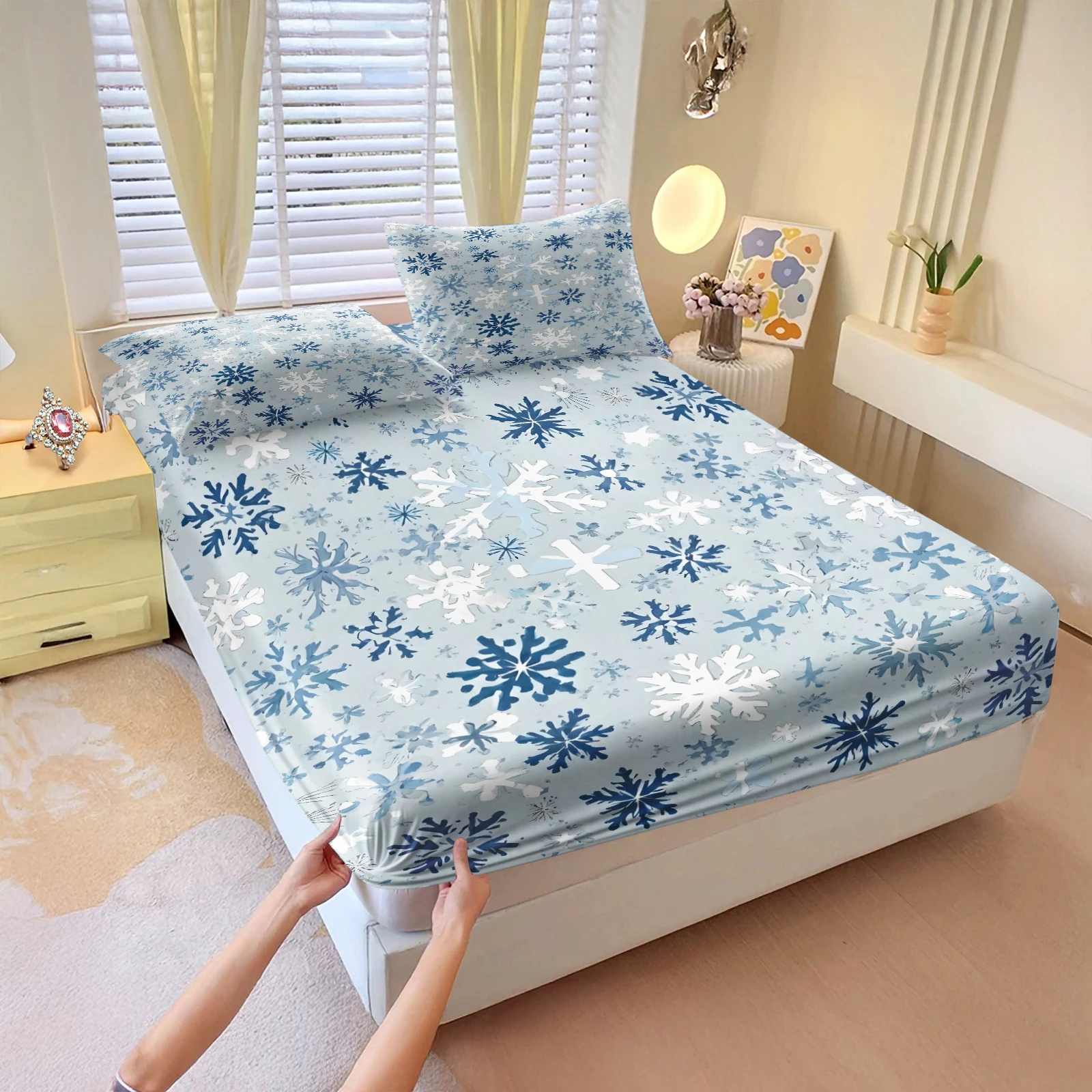 3 Piece Blue White Snowflake Printed Fitted Sheet Set Deep Pocket Fitted Bed Sheet with 2 Pillowcases All Around Mattress Cover