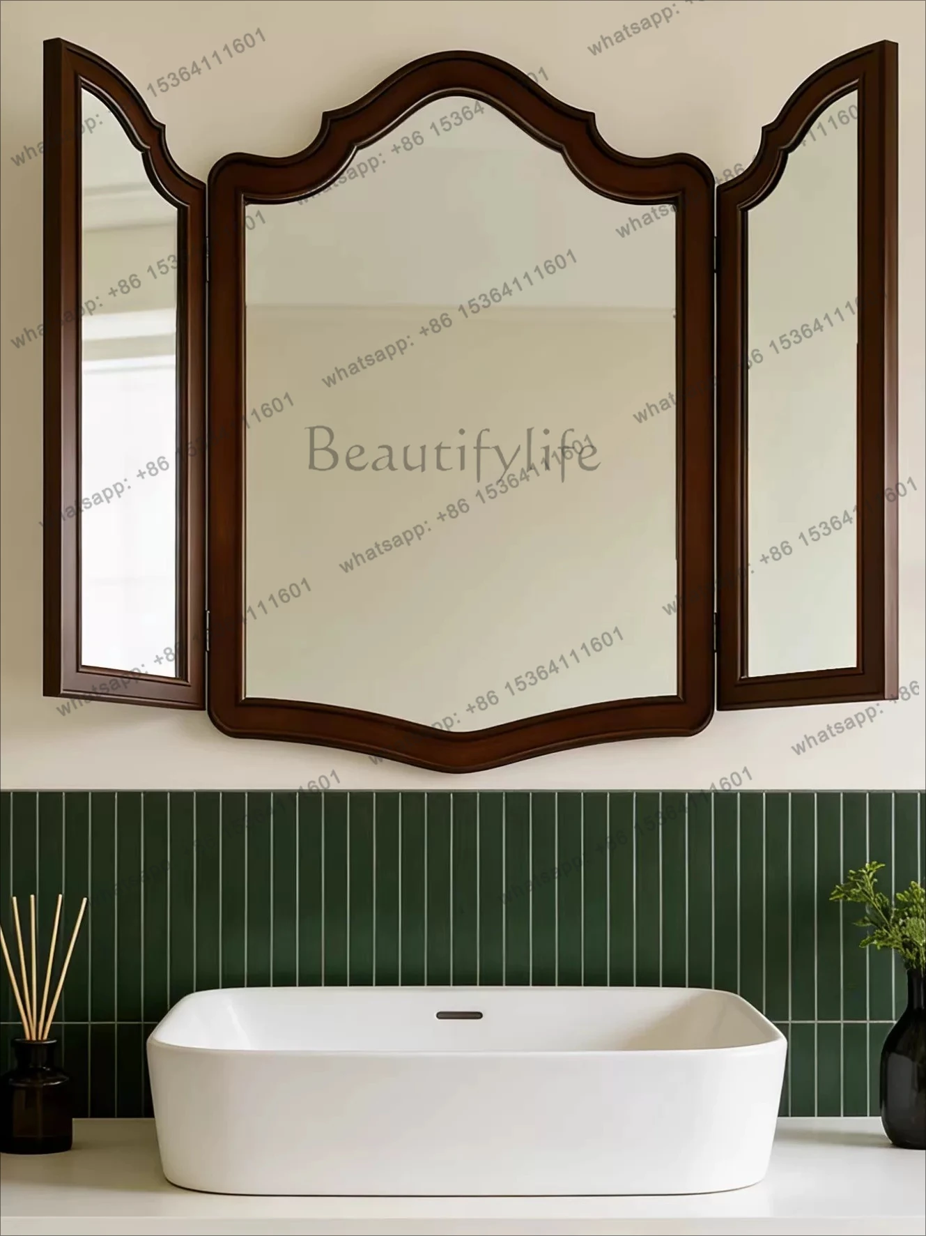 French retro three-fold bathroom mirror American light luxury wall-mounted folding makeup mirror New Chinese style