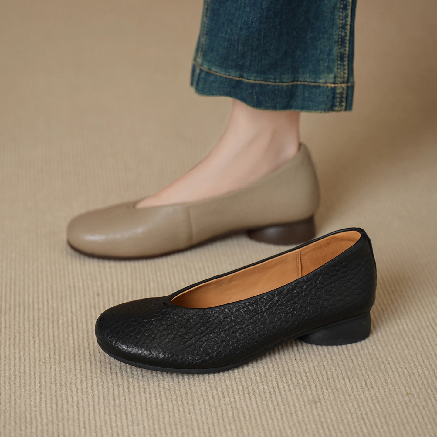 2026 new spring autumn women pumps natural leather 22-25cm sheepskin+cowhide+pigskin round toe round heel women shoes fashion