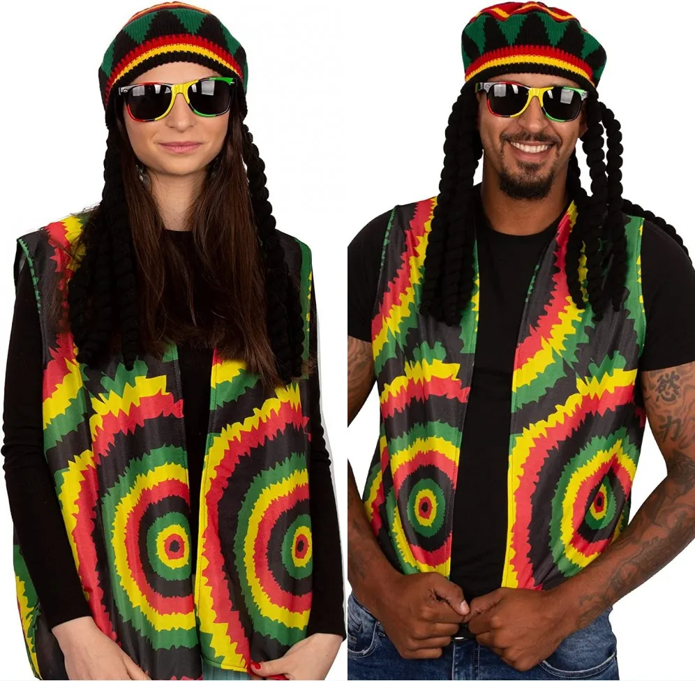 Vintage Jamaican Rasta Black Wig Long Hair Hat Dreadlocks Braid Beanie Knit Cap Stage Hip Hop Dance Headwear Dreadlocks Wig Hat