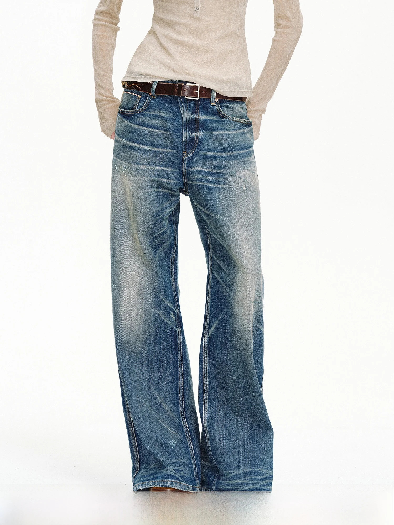 

Low Waist Wide Leg Denim Jeans Women's Vintage Washed out Color Fading American Style Casual Cotton Zipper Fly Blue Jeans