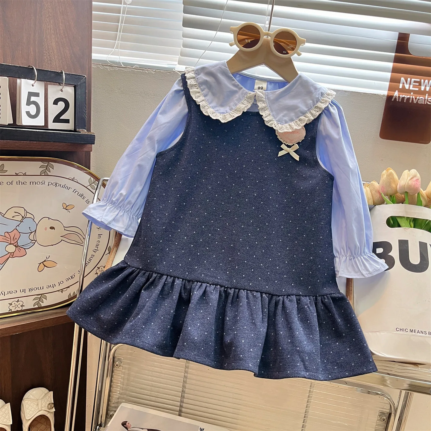 2026 New Fall Girls Preppy 2Pcs Set | Large Lapel Shirt + Denim Polka Dot Jumper Dress | School Style Outfit