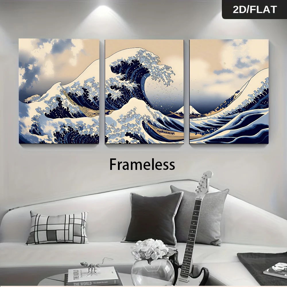1 set of frameless triptych depicting The Great Wave off Kanagawa, minimalist Japanese ukiyo-e decorative art, 2D flat design.