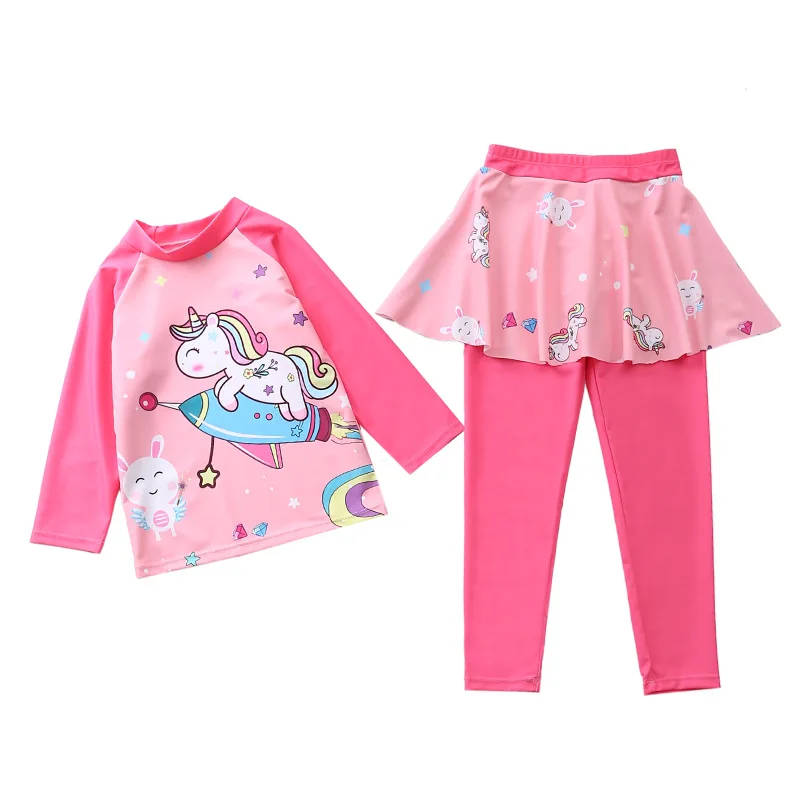 Maillot de bain à manches longues pour fille, ensemble deux pièces, avec jupe et pantalon, pour la plage, d\'été