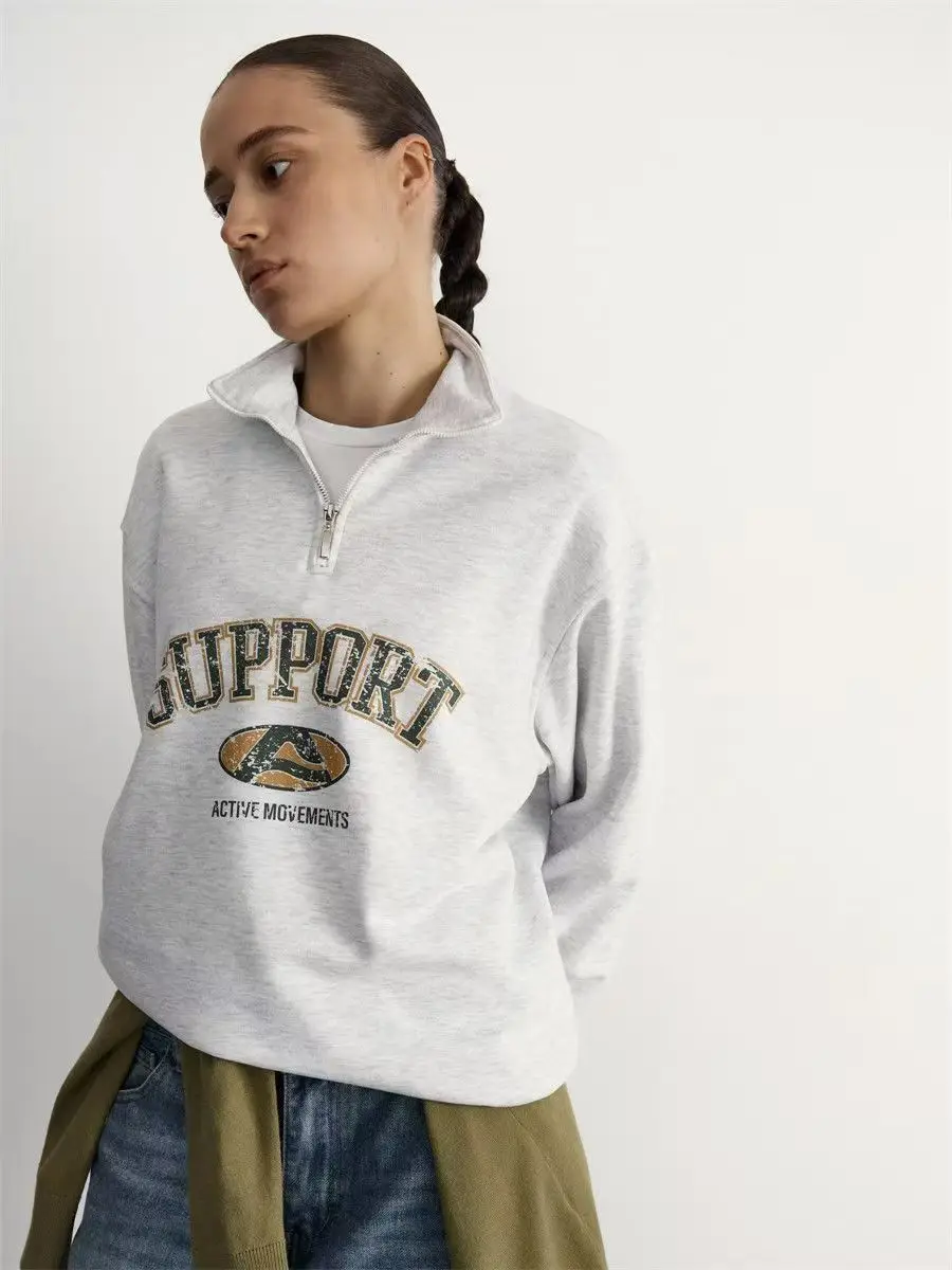 American College Style Half Zip Hoodie Supports Active Movement Printing Loose Fit Sweatshirt Women Long Sleeve Varsity Style