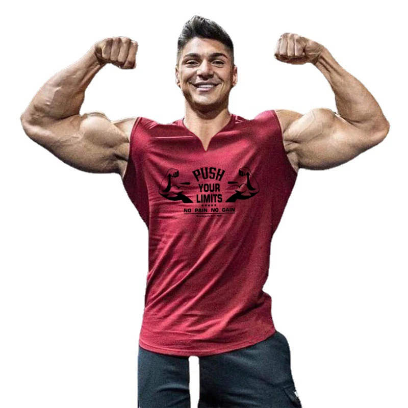 

Men's Sportswear Sleeveless T-shirt Cotton Vest V-neck Printed Tanktop Fitness and Bodybuilding Clothing Muscle Vest
