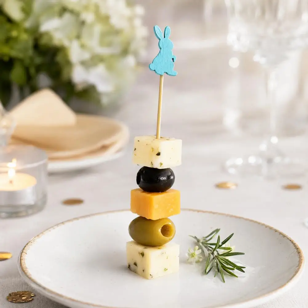 One-time Use Fruit Tags Bamboo Fruit Skewers 100pcs Bamboo Fruit Tags Easter Bunny Cocktail Picks Multi-color for Fruits
