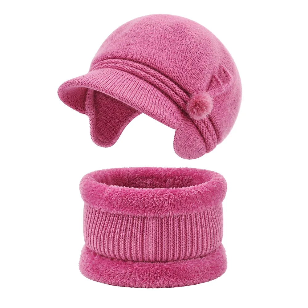 New Lined Winter Hat Set Ear Flap Flower Hat Scarf Set Curved Brim Double Layer Women’s Knit Cap Winter Wear
