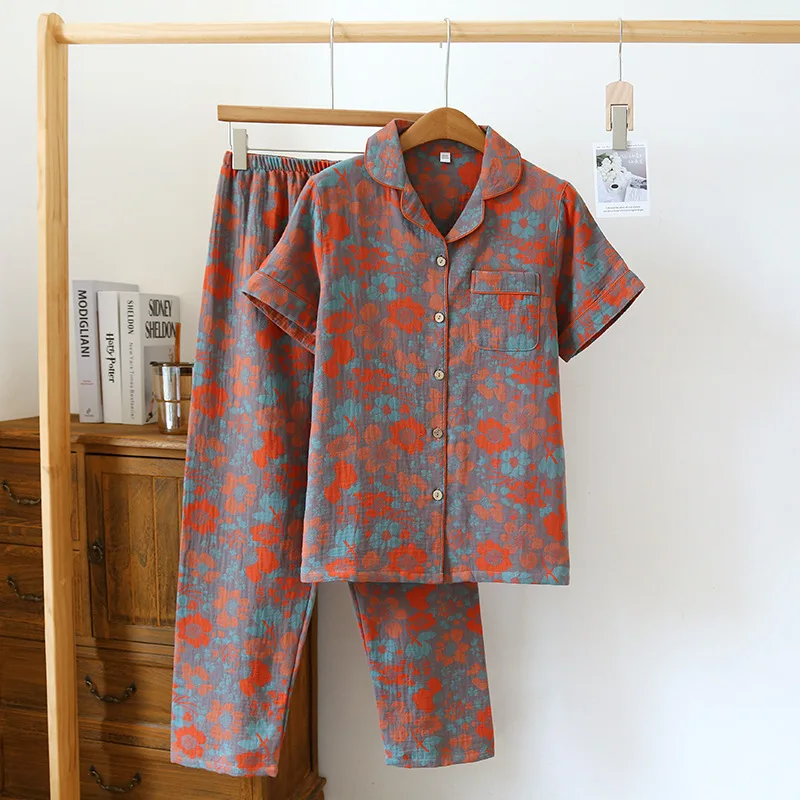 2024 New Spring/Summer Women's Pajama Set 100%Cotton Crepe Short Sleeve+Pants Two Piece Large Flower Cardigan Homewear Sleepwear
