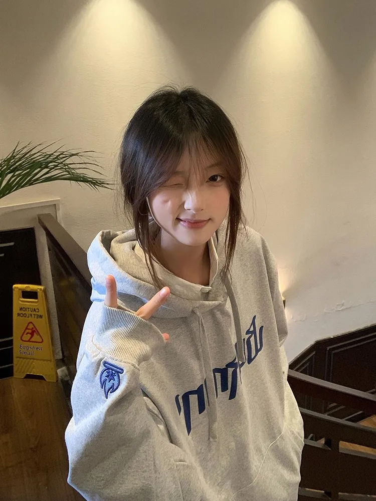 

American Style Thickened Fleece Hooded Sweatshirt Women's Winter High-End Casual Loose Couple Outerwear Embroidered Sweatshirt