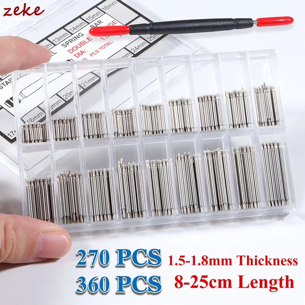 270 unids/set 360 unids/set barras de resorte de acero inoxidable diámetro 1,5mm/1,8mm longitud 8mm - 25mm correa de reloj herramienta de reparación de relojes Pin