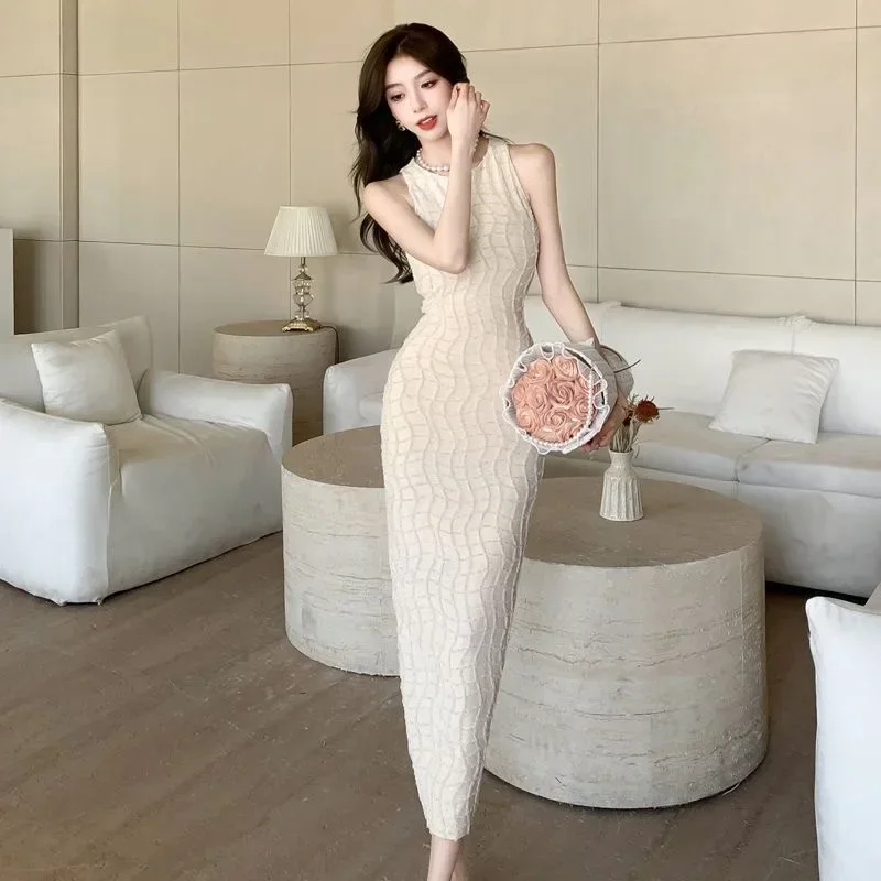 Summer No. 56 New Evening Dress Stretch Round Neck Halter Dress Long Skirt Women Sleeveless Hip Cover