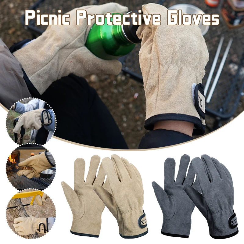Heat Resistant BBQ Gloves  Cowhide Fireproof Camping Gloves for Grilling, Oven, Picnic, Outdoor Cooking & Fireplace Use