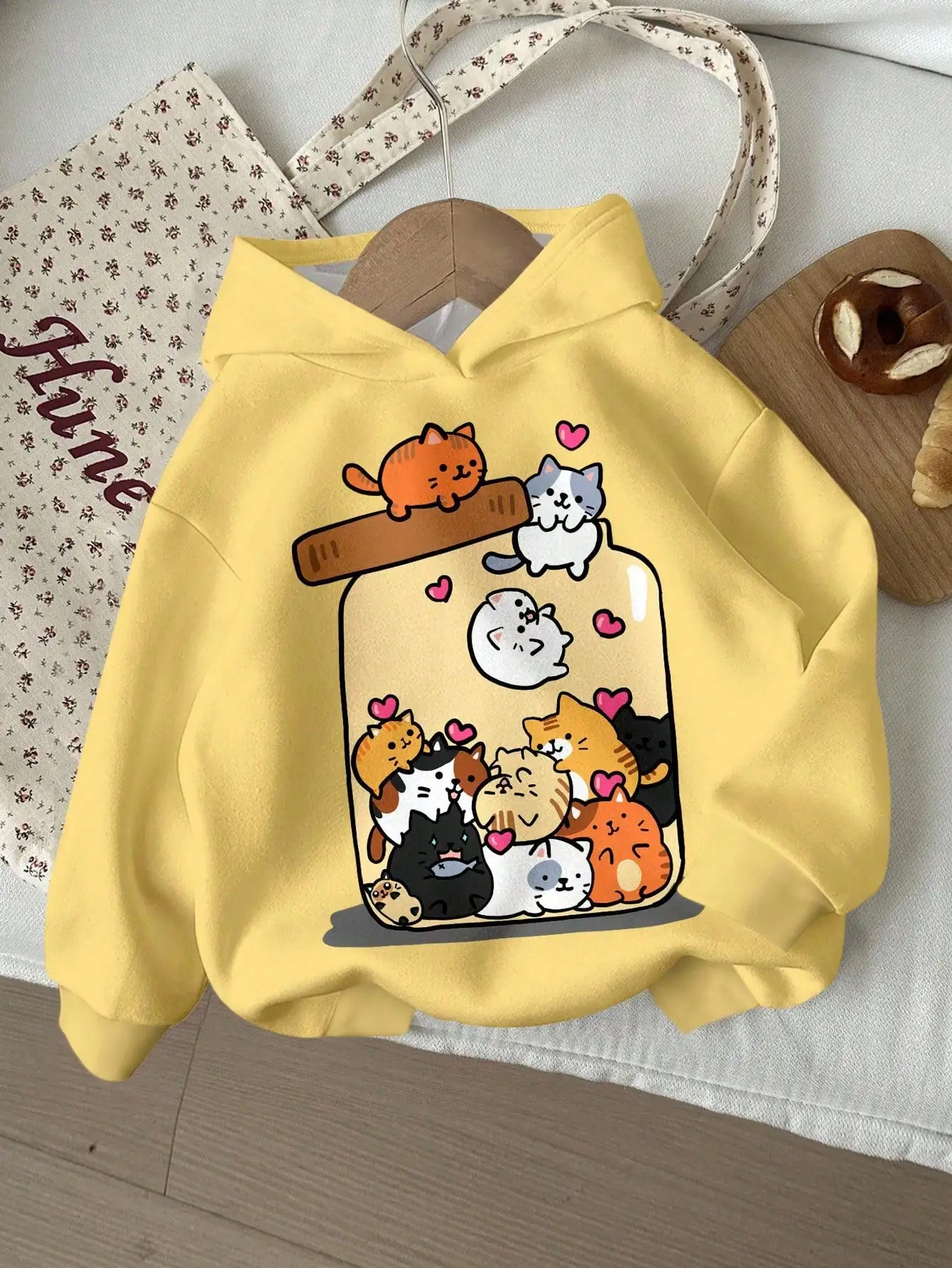 

Yellow Loose Fit Hoodie with Cute Cartoon Cats in Jar Print, Casual Daily Wear for Kids