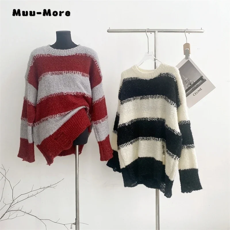 

2023 Winter Casual Vintage Knitting Long Sleeve Striped Pullovers Korean Fashion Women Sweet Oversized Ladies Warm Sweater