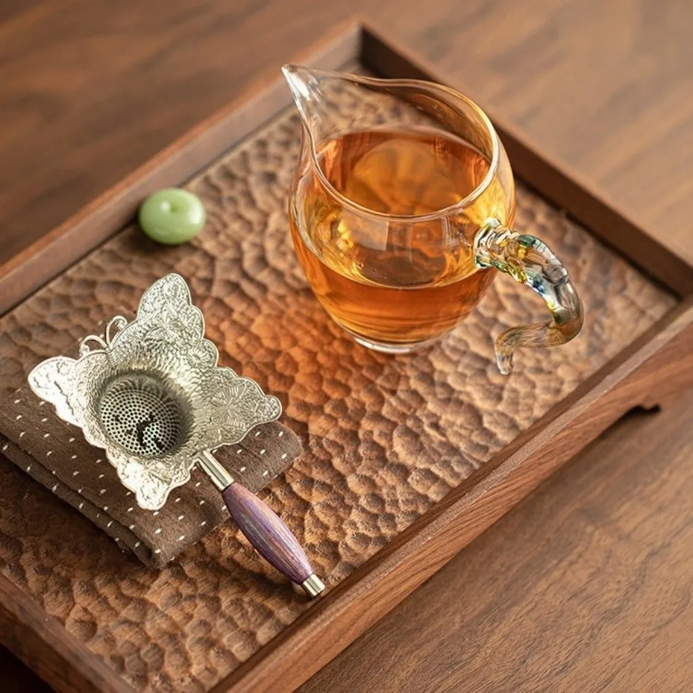 

Vintage Alloy Butterfly Tea Filter Pattern Pattern Handmade Tea Strainer Mesh Filter Sieve Wood Handle Tea Brewing Filter