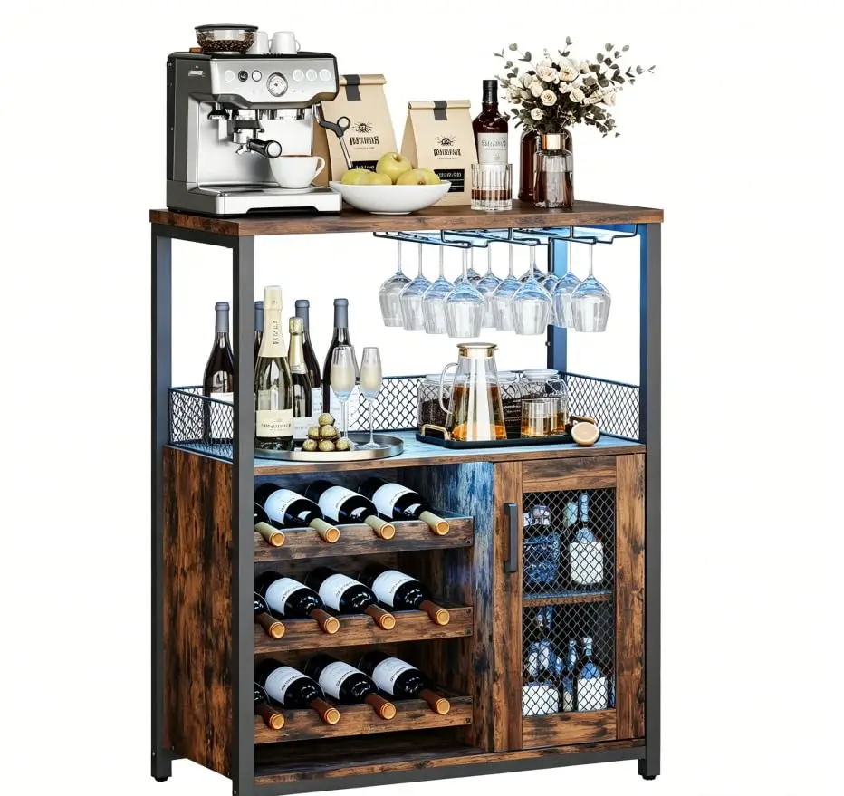 Rustic 3-Tier Bar Cabinet w/ LED Light Adjustable Shelf Mesh Door Wine Rack Glass Holder Liquor Coffee Sideboard Home,Customized