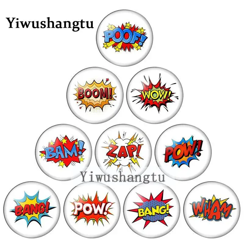 Special language wordart wow boom pow zap 10mm/12mm/20mm/25mm Round photo glass cabochon demo flat back Making findings