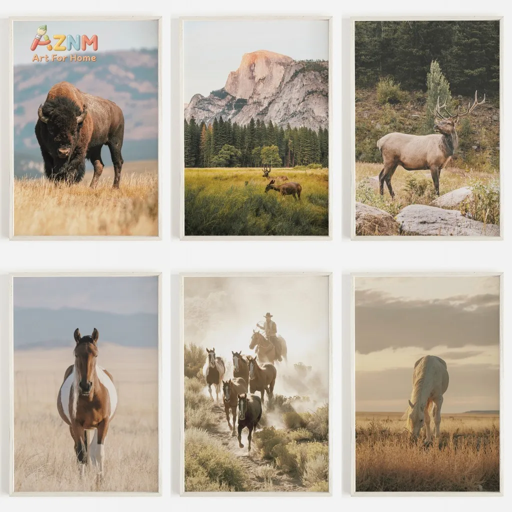 AZNM Western Wild Animal Canvas Wall Art,Bison Horse Elk Cowboy Mountain Prairie Nature Photography Unframed Canvas Poster for L