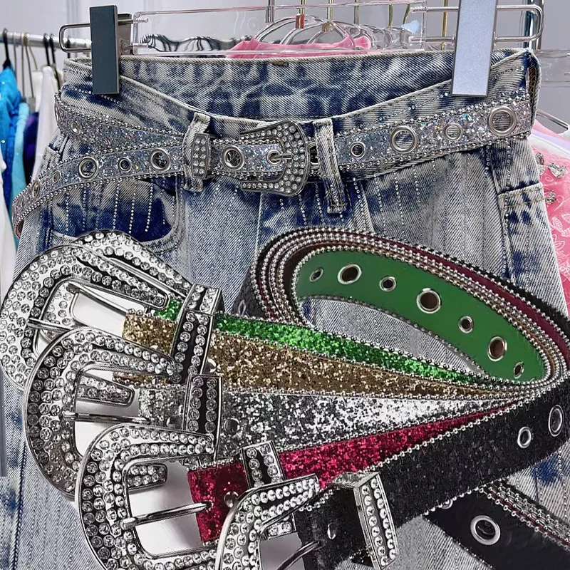 Punk Rhinestone Belts For Women Men Fashion Diamond Bling PU Metal Buckle Pin Waist Belt Leisure Dress Jeans Wild Waistband