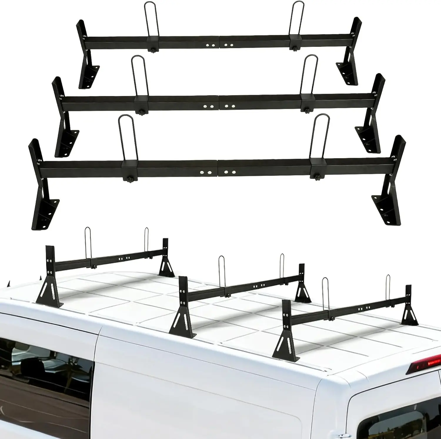 For Ford Transit 150/250/350 and Enclosed Trailer, Adjustable Van Ladder Rack with Cargo Stoppers, Metal, Drilling Required