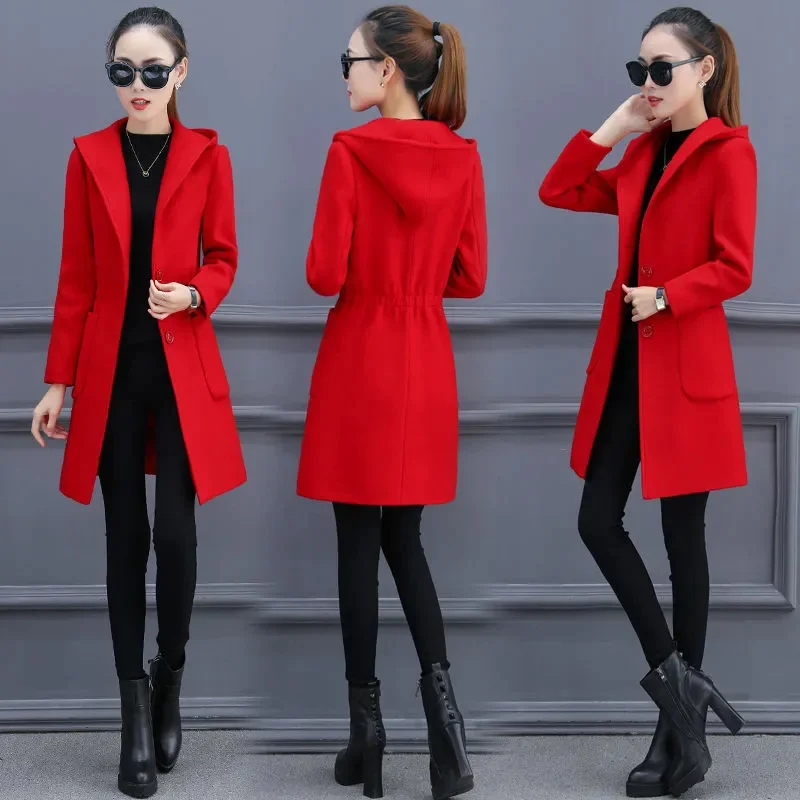 Women Woolen Coat 2024 Spring Autumn Thin Wool Jacket Female Mid length Woolen Coats Ladies Elegant Fashion Hooded Overcoat