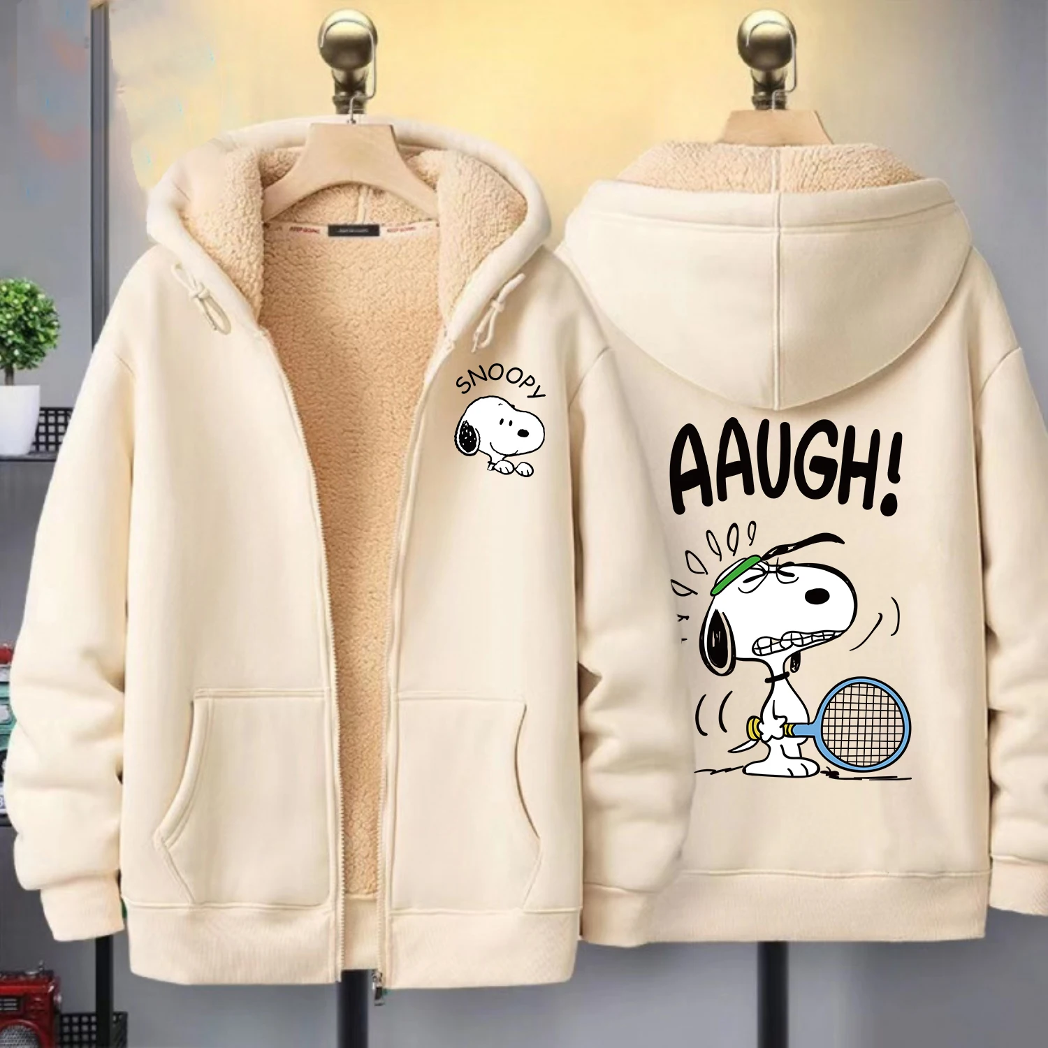 Snoopy Zip Hoodie für Erwachsene, süßes Cartoon-Sweatshirt, süße Anime-Kleidung, Fleece-Mantel, modische Winter-warme Kleidung, Strickjacke, Geschenk