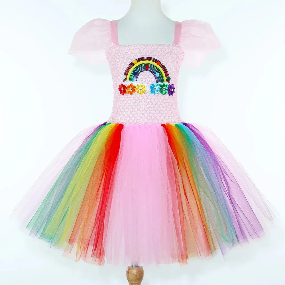 Rainbow Color Sweet Style Puff Short Sleeve Tulle Princess Tutu Dress With Bowknot Hair Clip For Birthday Halloween Party Outfit
