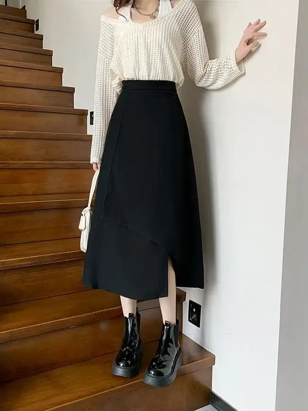 

High Waist Midi Skirt Asymmetrical Pure Color A-Line Skirt Slimming Umbrella Skirt Korean Sle Commute Casual Polyester Fiber