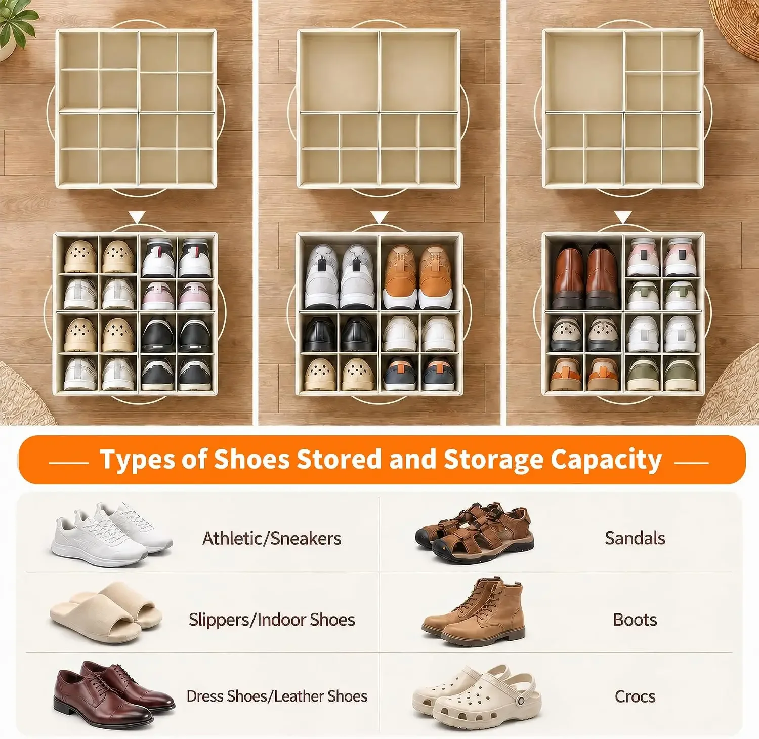 Shoe Organizer for Closet Foldable Shoe Storage Box with Adjustable Dividers and Clear Cover, Fits Up To 16-32 Pairs Shoes Box