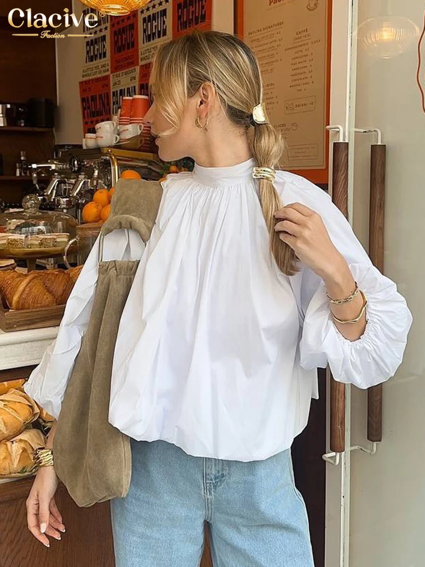 

Clacive Casual Loose White Cotton Women Shirt Fashion Stand Collar Long Sleeve Shirts Elegant Classic Solid Tops Female Clothing