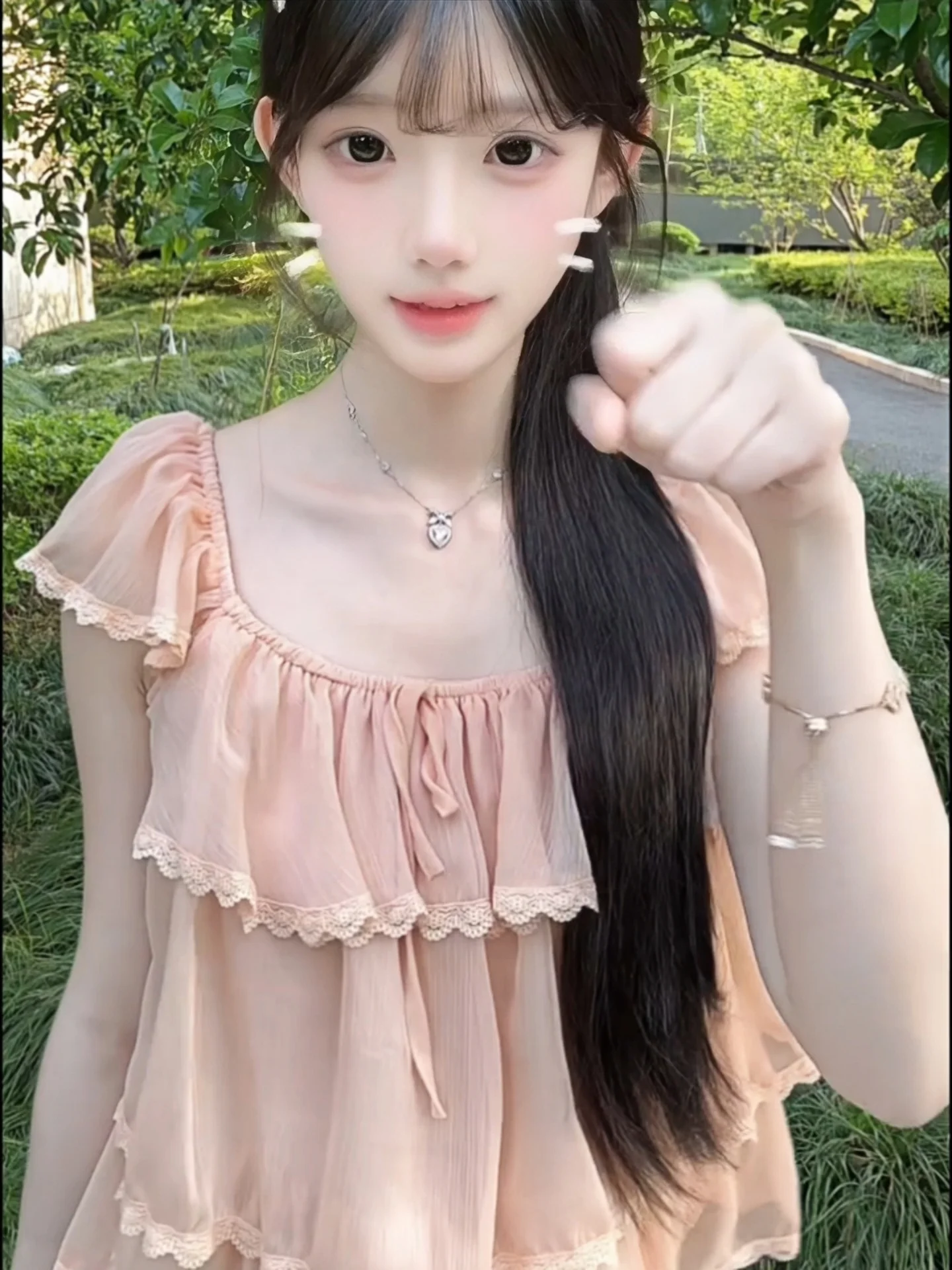 

Pink Lace Trim Blouse Summer Loose Sweet Style Square Collar Fly Sleeve Chiffon Shirt Women's Fashion Gentle Wind Top
