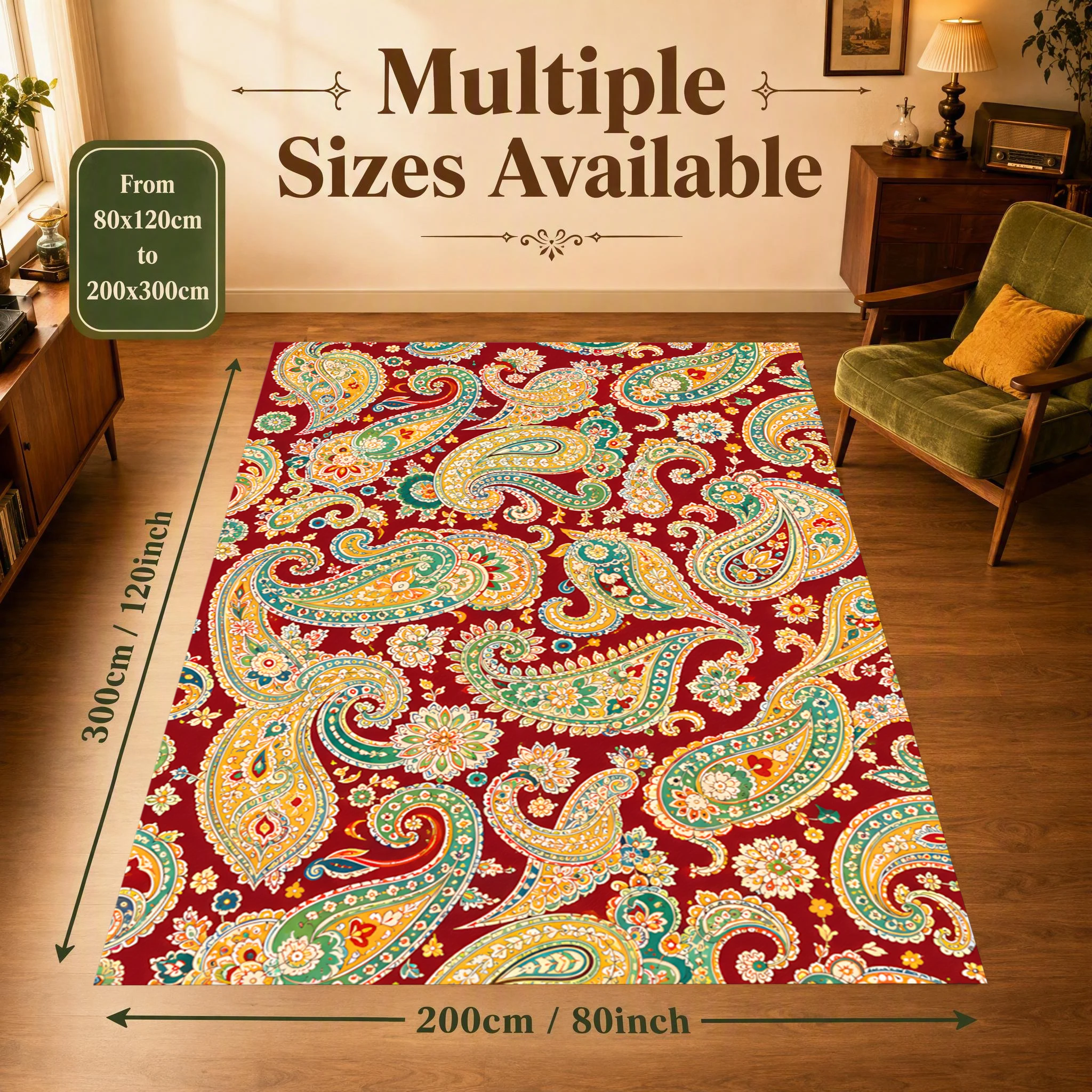 2D Large Rug with Red Background, Paisley and Cashew Pattern, Exotic Ethnic Style, Suitable for Living Room and Bedroom, One-Click Renovation for Autumn and Winter Decoration