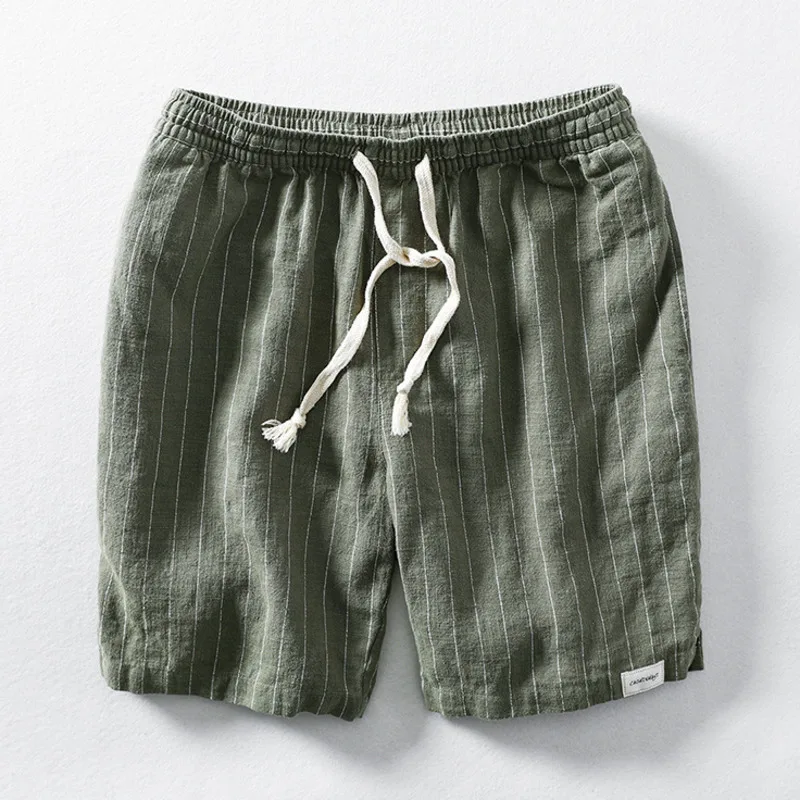 Calção casual de linho algodão masculino, confortável calça listrada com cordão, fina praia, respirável, feriado, cor vendida, verão