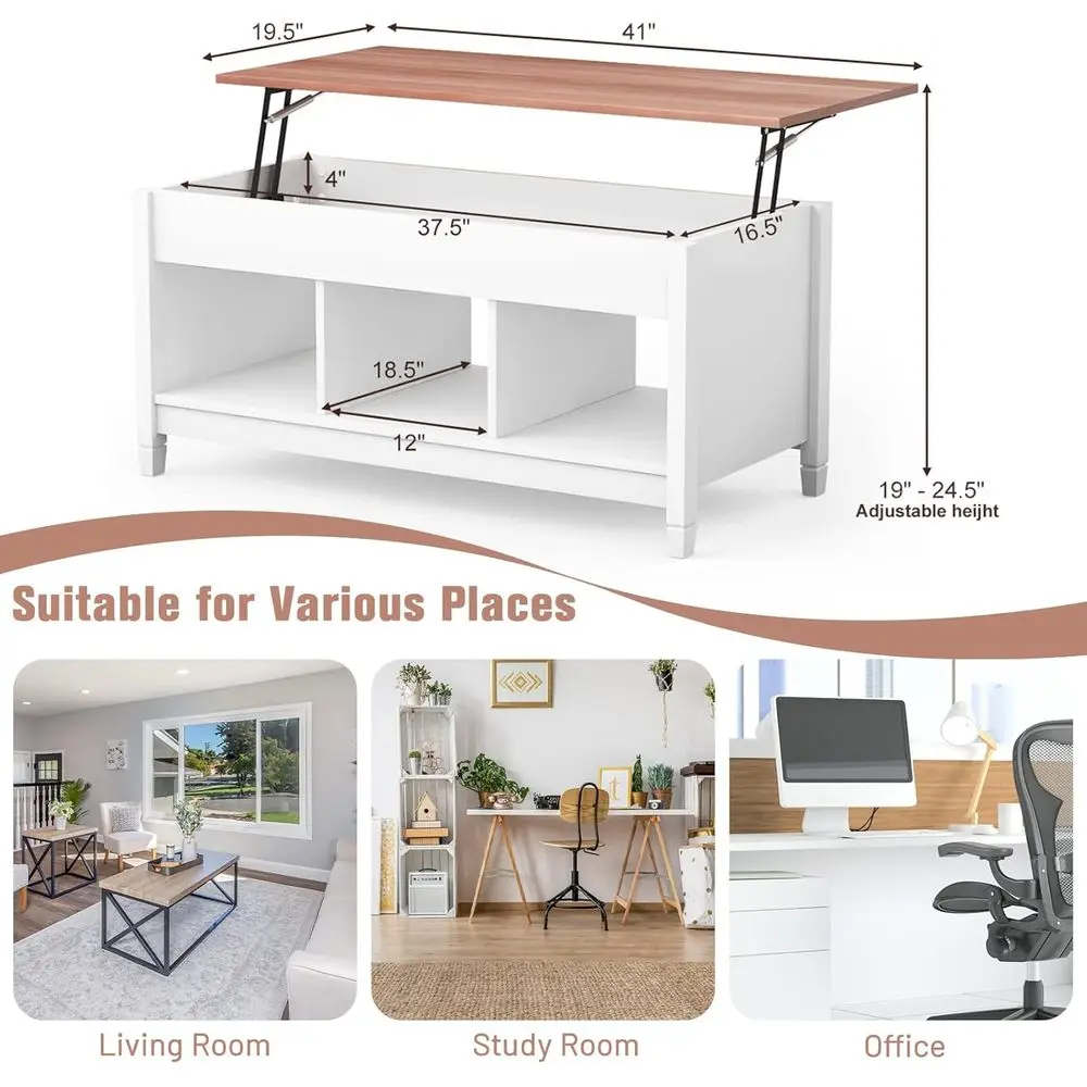 Hidden Storage Coffee Table with 3 Shelves, Rectangular Wood Legs for Living Room, White