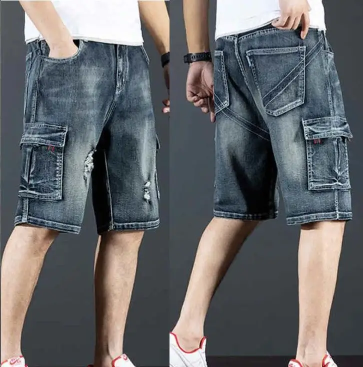 Men Loose Baggy Jeans Shorts Men Jeans Streetwear Long 3/4 Capri Cargo Shorts Pocket Bermuda Male Multi-Pocket Denim Shorts