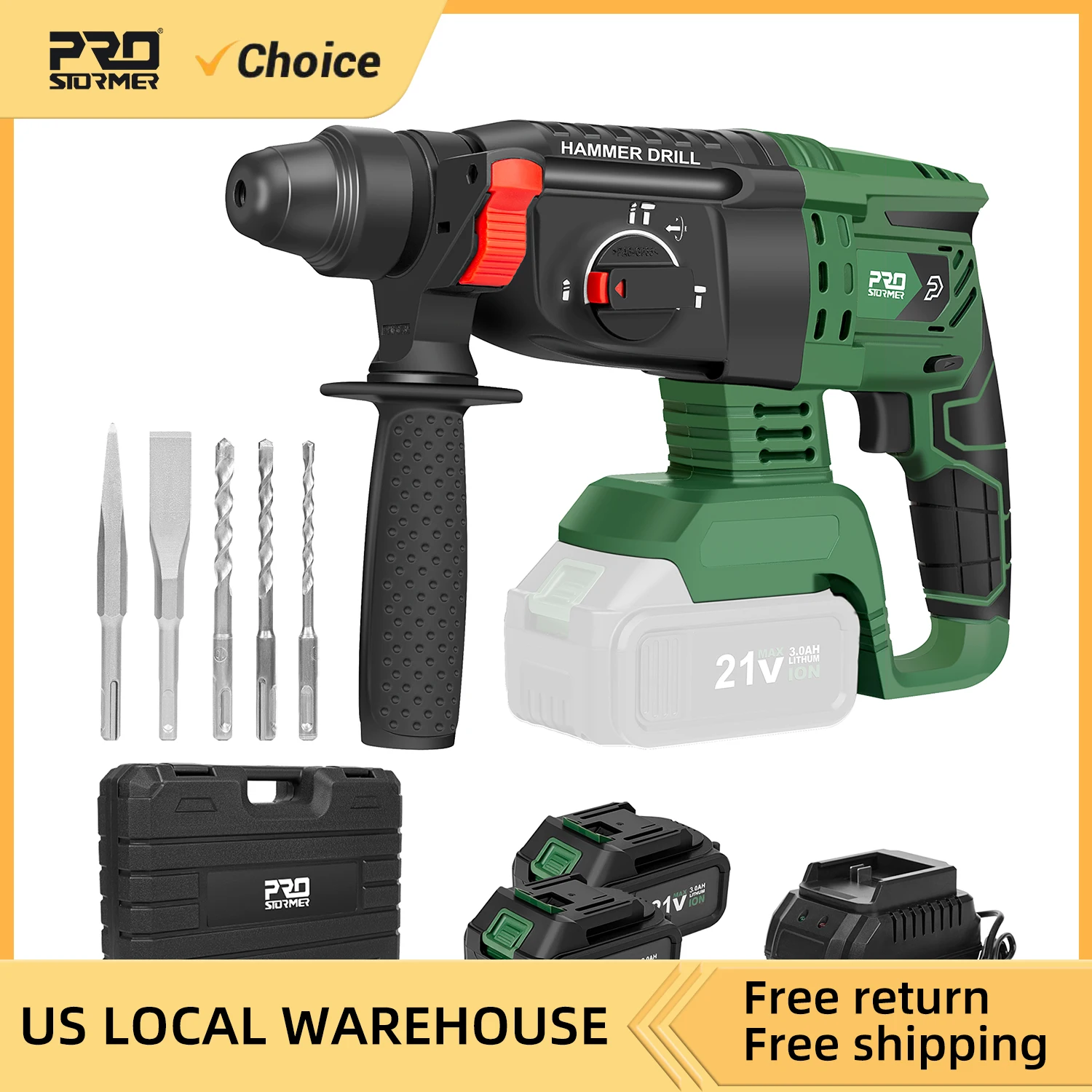 

1-1/8" Cordless Hammer Drill with Safety Clutch 5000 BPM SDS-PLUS 4-in-1 Rotary Hammer by Prostormer