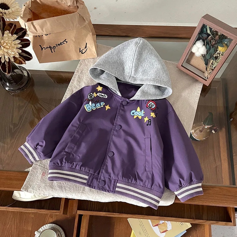 

Autumn Baby Boys Coats Cartoon Printed Splicing Toddler Boys Hooded Jacket Single-breasted Long Sleeves Kids Baby Boys Outerwear