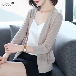 Casual Solid Thin Ice Silk Knitted Cardigan Women Outer Blouse Sun Protection Small Shawl Slim V-Neck Button Women's Clothing