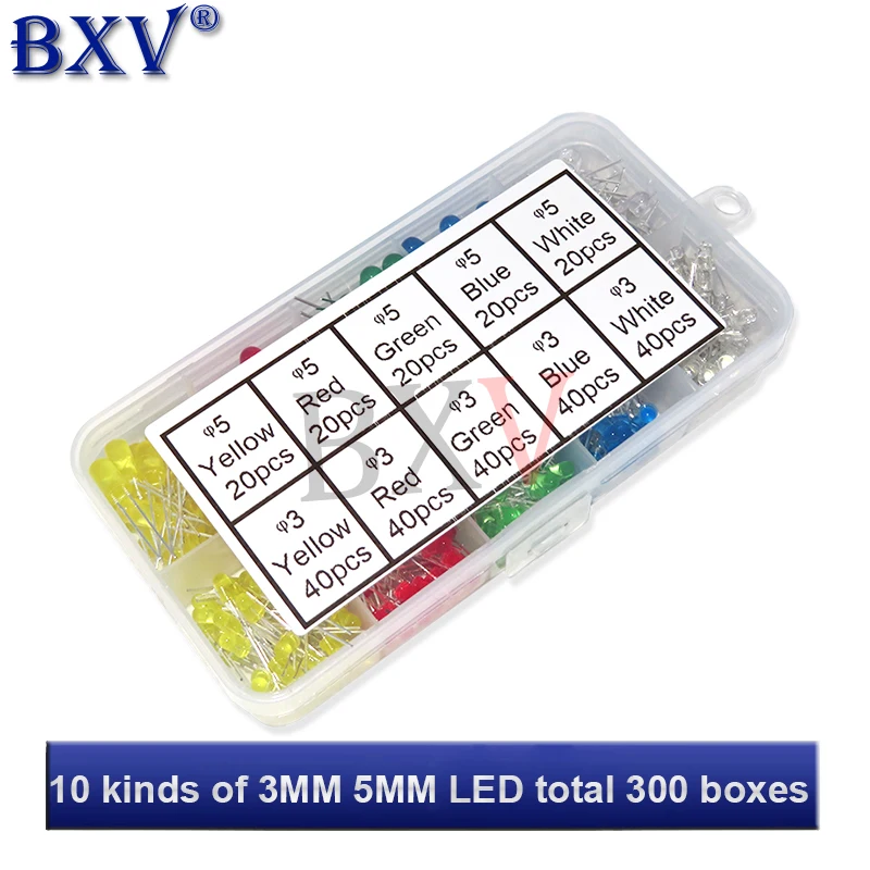 300PCS/Set 3mm 5mm LED Light White Yellow Red Green Blue 10Values Assorted Kit DIY LED Set 3V 20mA New Original LED Diode
