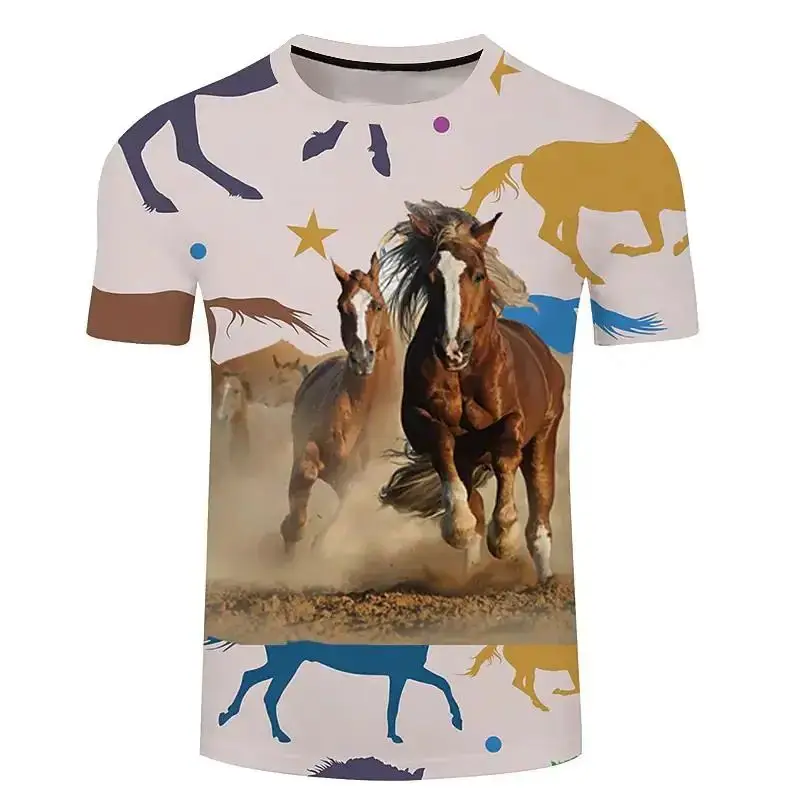 Camiseta con estampado de Animal Steed para hombre, camisa informal a la moda con cuello redondo, manga corta, talla grande